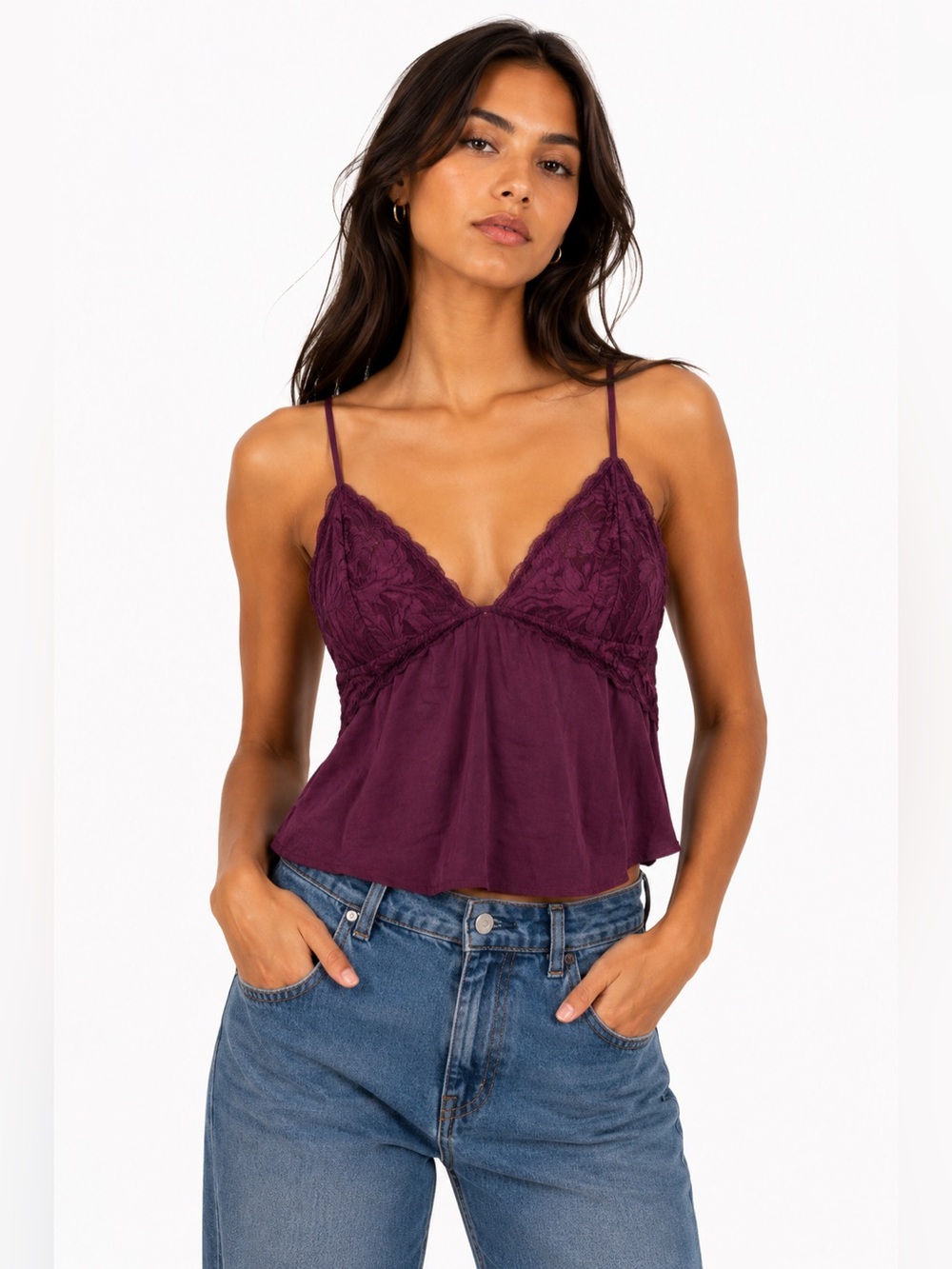 90s/Y2K European Vintage Satin Silky Floral Lace Cup Cami (Burgundy) Size M